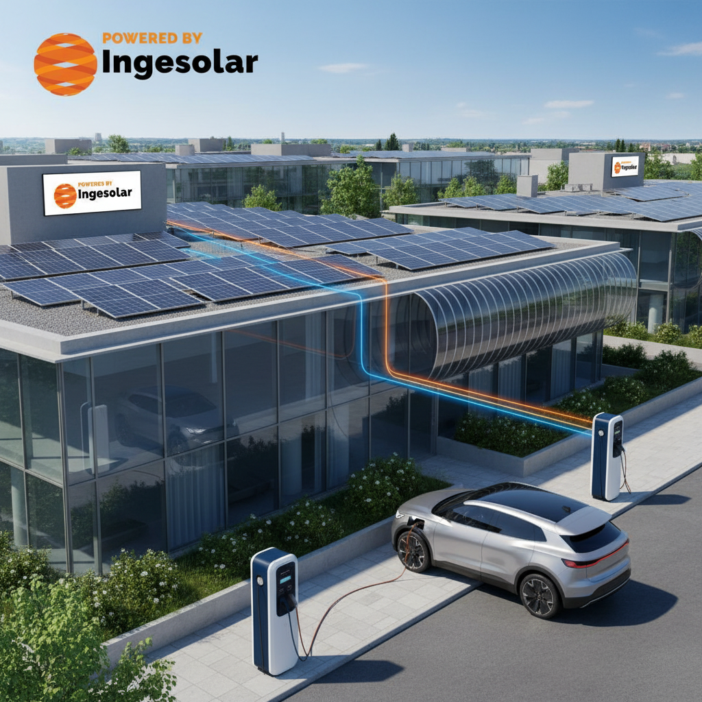 Imagen profesional de Ingesolar con cargadores EV y paneles solares fotovoltaicos