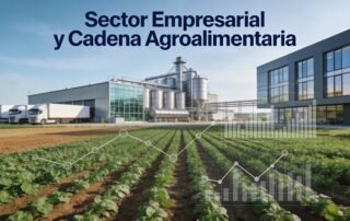 Imagen corporativa del sector empresarial y la cadena agroalimentaria con campos de cultivo, transporte y planta de procesamiento