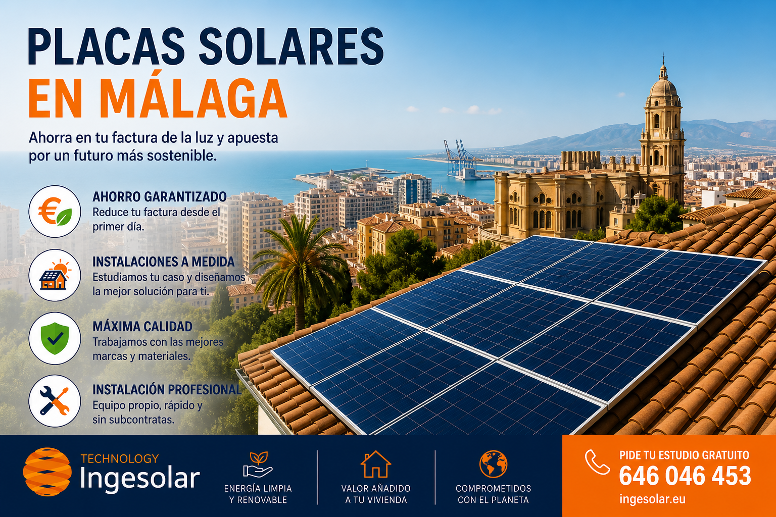 Vivienda con placas solares en Málaga instalada por Ingesolar para autoconsumo y ahorro energético.