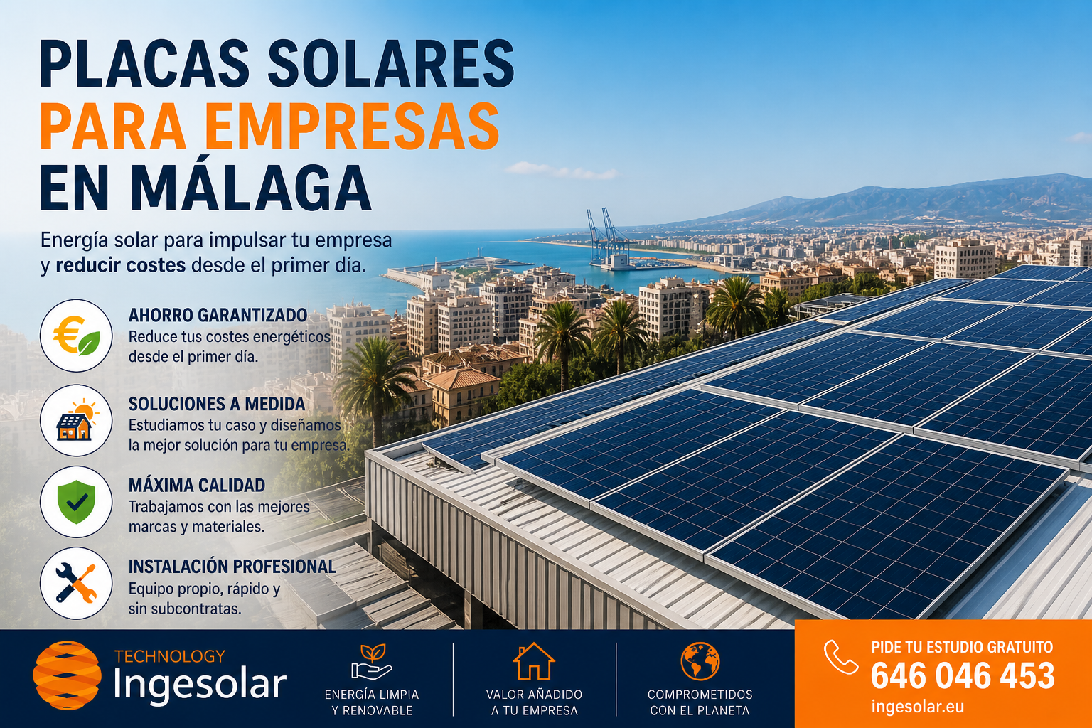 Nave industrial con placas solares en Málaga para empresa con instalación fotovoltaica de autoconsumo.