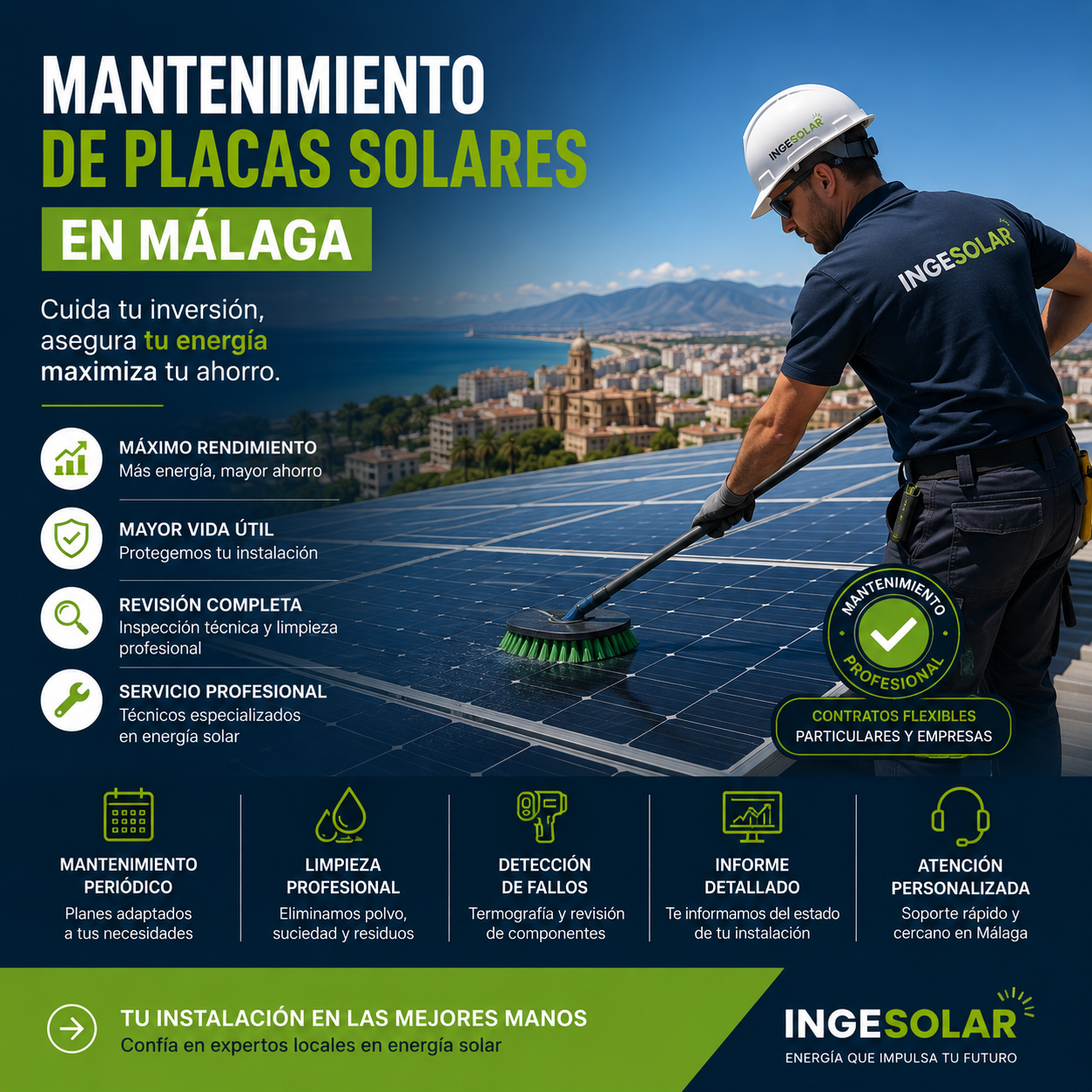 Mantenimiento de placas solares en Málaga con limpieza profesional, revisión completa y mejora del rendimiento energético en viviendas y empresas