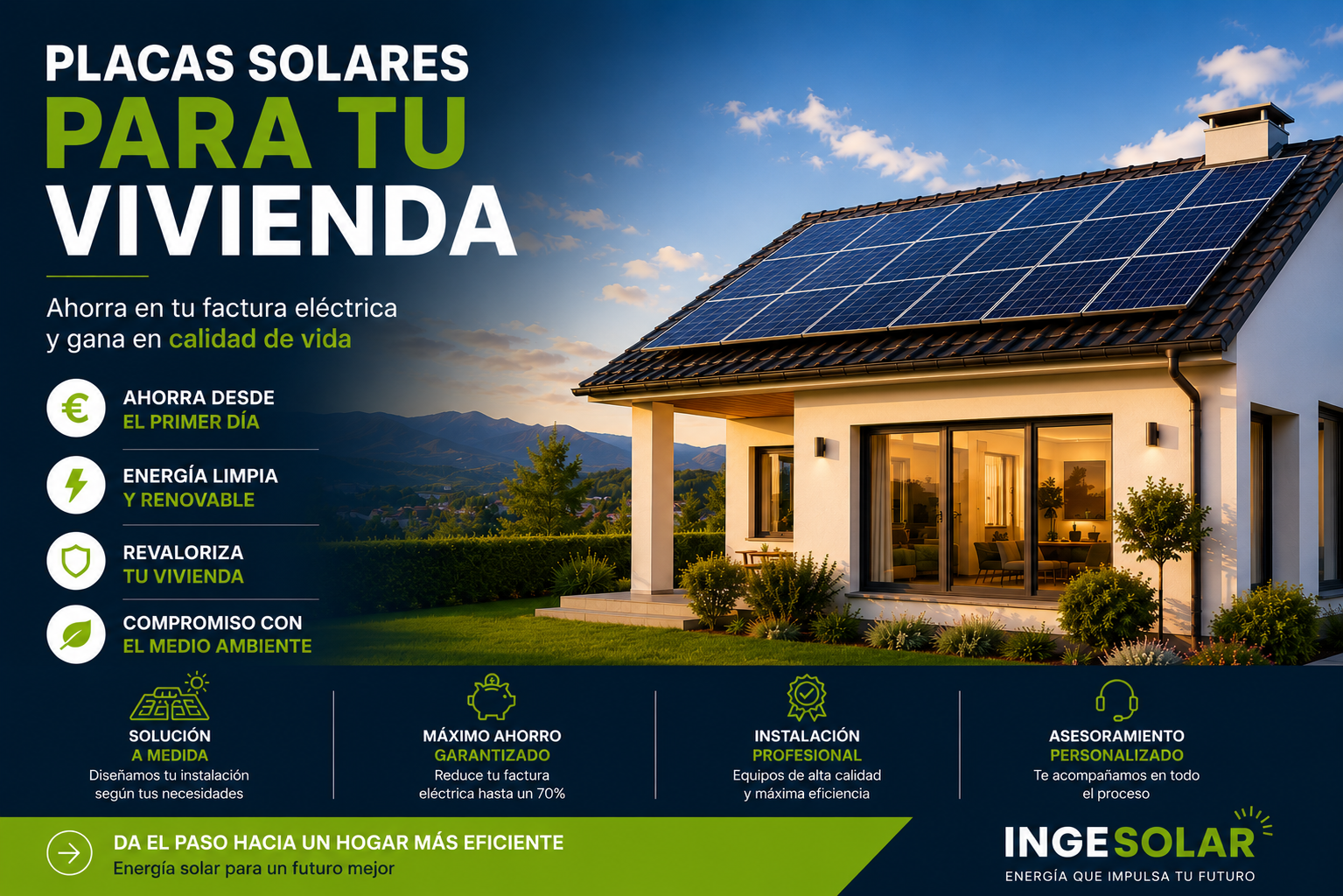 Vivienda con placas solares en Málaga instalada por Ingesolar para autoconsumo y ahorro energético.