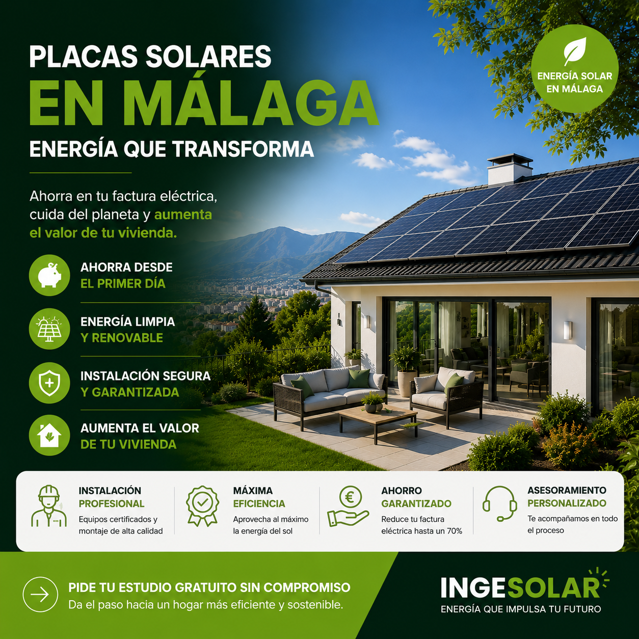 Placas solares en Málaga instaladas en vivienda moderna con sistema de autoconsumo y ahorro energético sostenible.