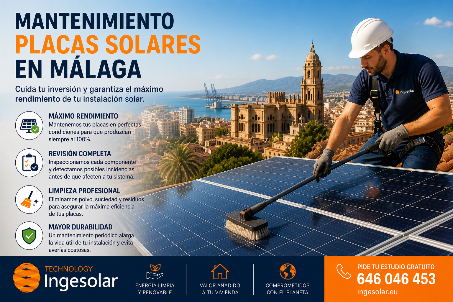 Mantenimiento de placas solares en Málaga con limpieza profesional, revisión completa y mejora del rendimiento energético en viviendas y empresas