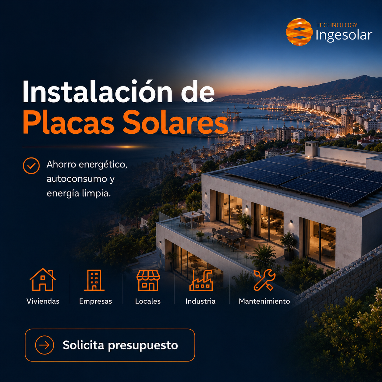 Instalación de Placas Solares | Ingesolar Málaga Instalación de placas solares para viviendas y empresas en Málaga con chalet moderno, autoconsumo solar y sistema fotovoltaico profesional de Ingesolar.