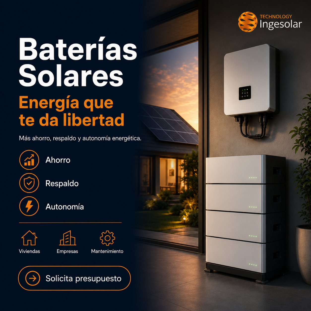 Baterías Solares para Viviendas en Málaga | Ingesolar Baterías solares para viviendas en Málaga de Ingesolar, sistema de almacenamiento de energía solar con baterías inteligentes para autoconsumo y ahorro energético.
