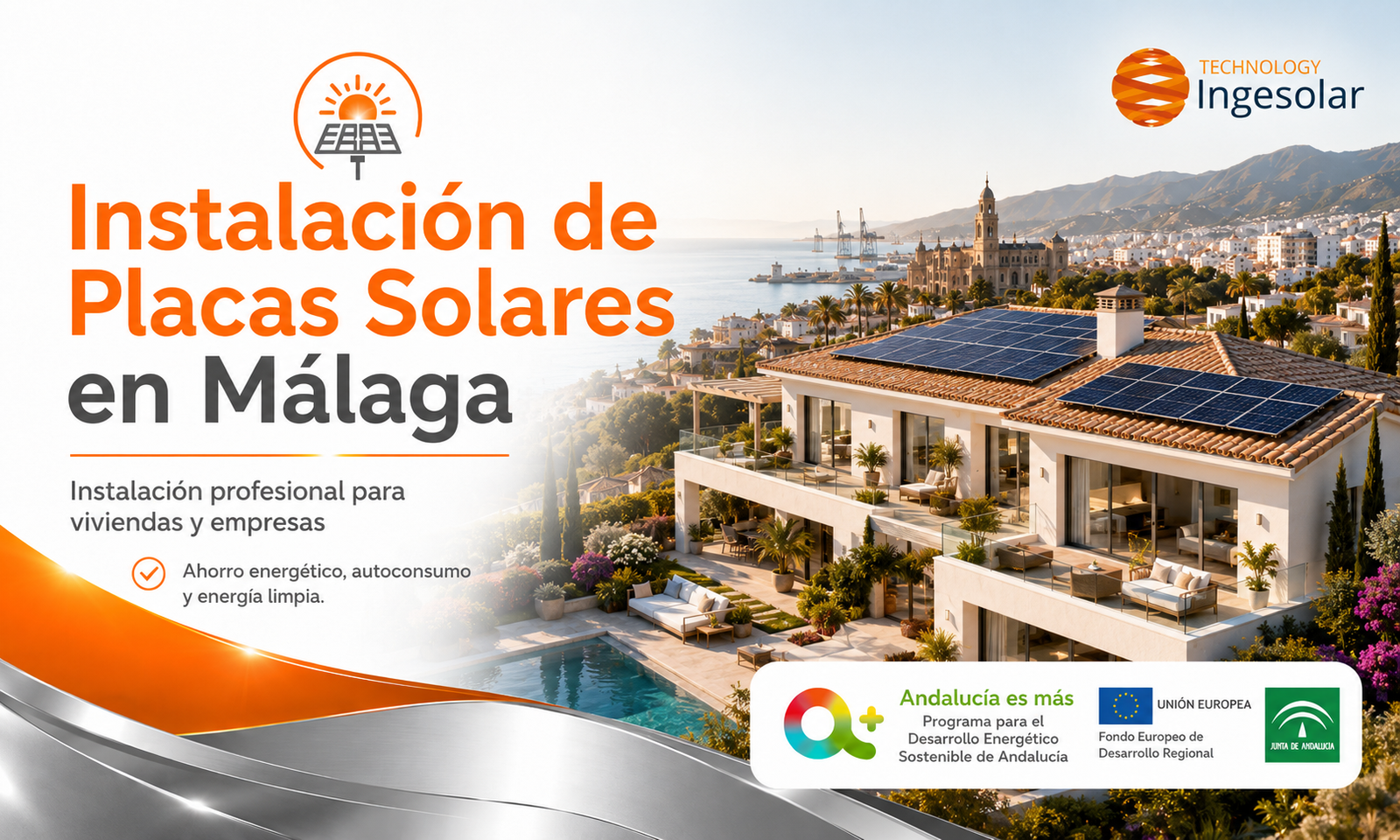 Instalación de placas solares en Málaga para viviendas y empresas con chalet moderno equipado con paneles solares e imagen corporativa de Ingesolar.
