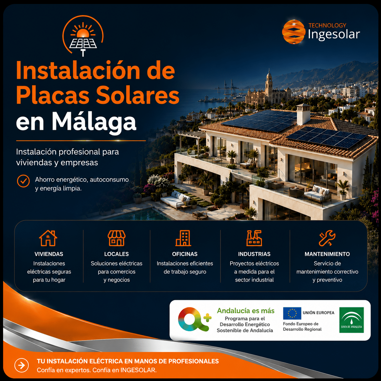 Instalación de Placas Solares en Málaga | Empresas y Viviendas | Ingesolar nstalación de placas solares en Málaga para viviendas, chalets y empresas con sistema solar fotovoltaico profesional de Ingesolar y subvenciones Andalucía 2026.