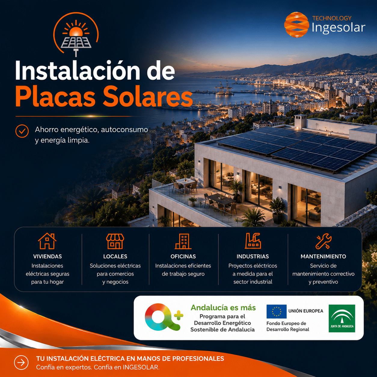Instalación de Placas Solares | Ingesolar Málaga Instalación de placas solares para viviendas y empresas en Málaga con chalet moderno, autoconsumo solar y sistema fotovoltaico profesional de Ingesolar.