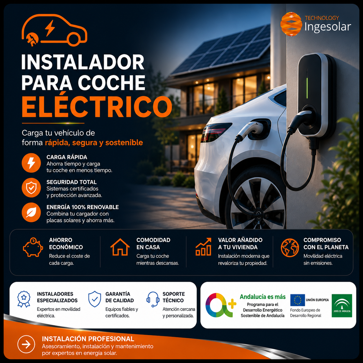 Instalador de Cargador para Coche Eléctrico Málaga | Ingesolar Instalador de cargador para coche eléctrico en Málaga con punto de recarga doméstico, carga rápida y energía solar para viviendas y empresas de Ingesolar.
