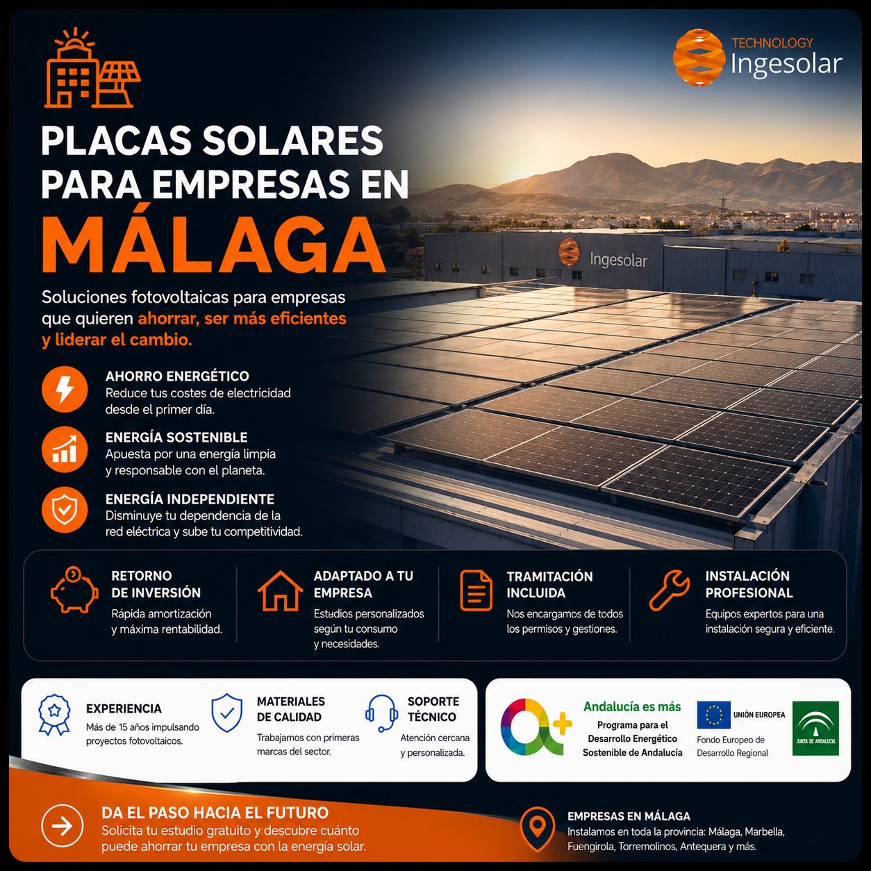 Instalación de Placas Solares para Empresas en Málaga | Ingesolar Placas solares para empresas en Málaga instaladas por Ingesolar. Instalación fotovoltaica industrial para ahorro energético y autoconsumo empresarial en Málaga.