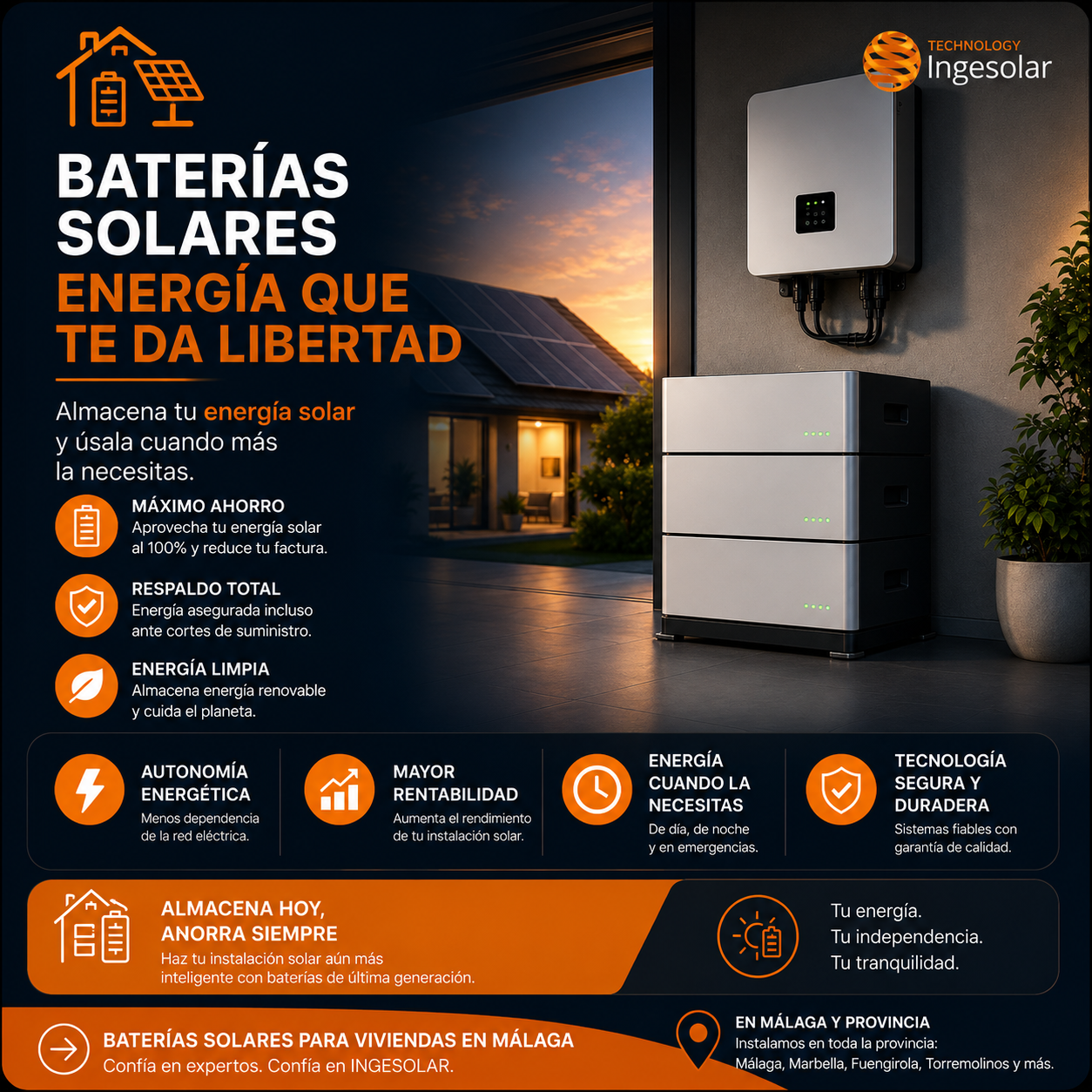 Baterías Solares para Viviendas en Málaga | Ingesolar Baterías solares para viviendas en Málaga de Ingesolar, sistema de almacenamiento de energía solar con baterías inteligentes para autoconsumo y ahorro energético.