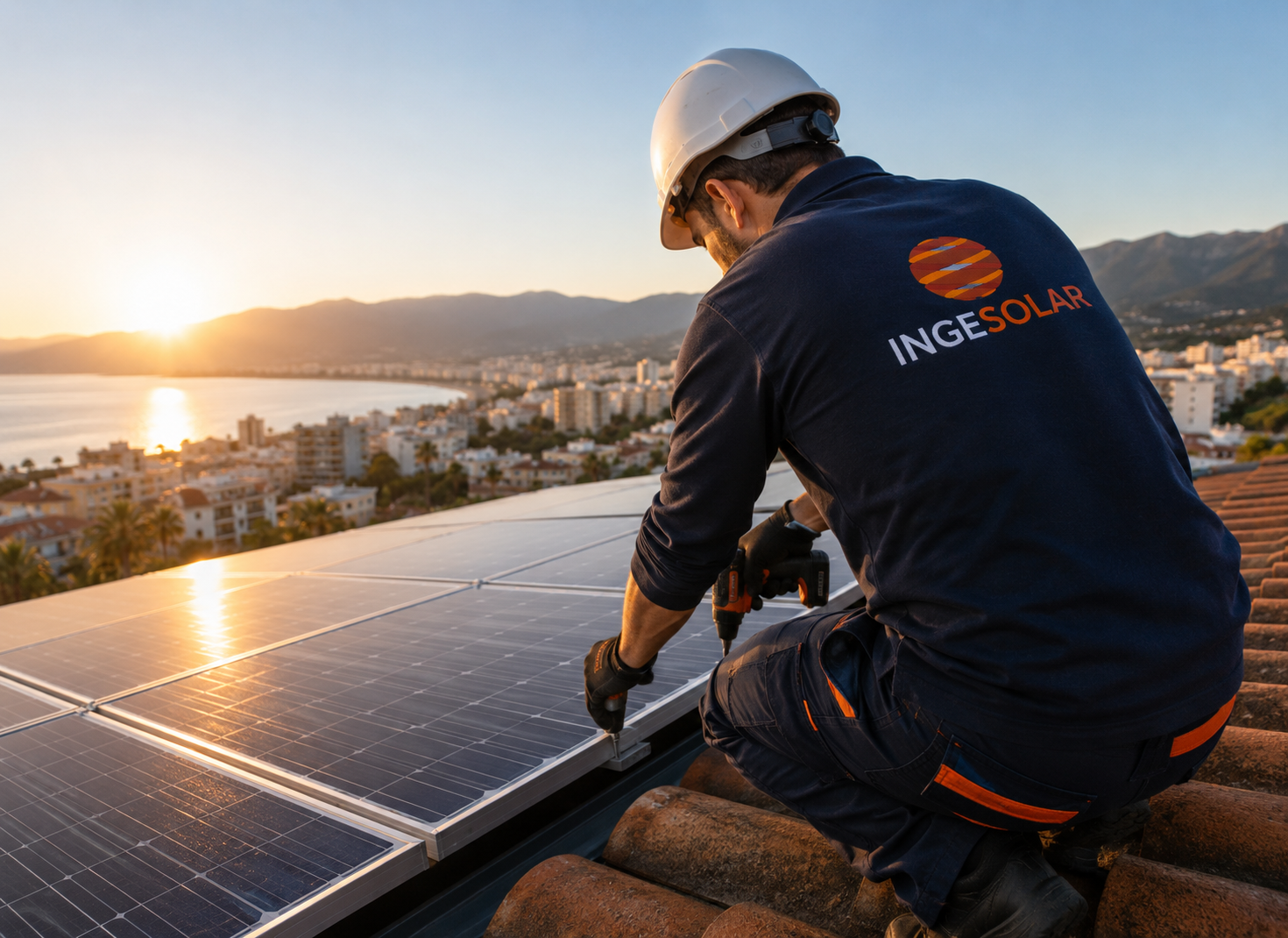 Técnico de Ingesolar instalando placas solares en Málaga