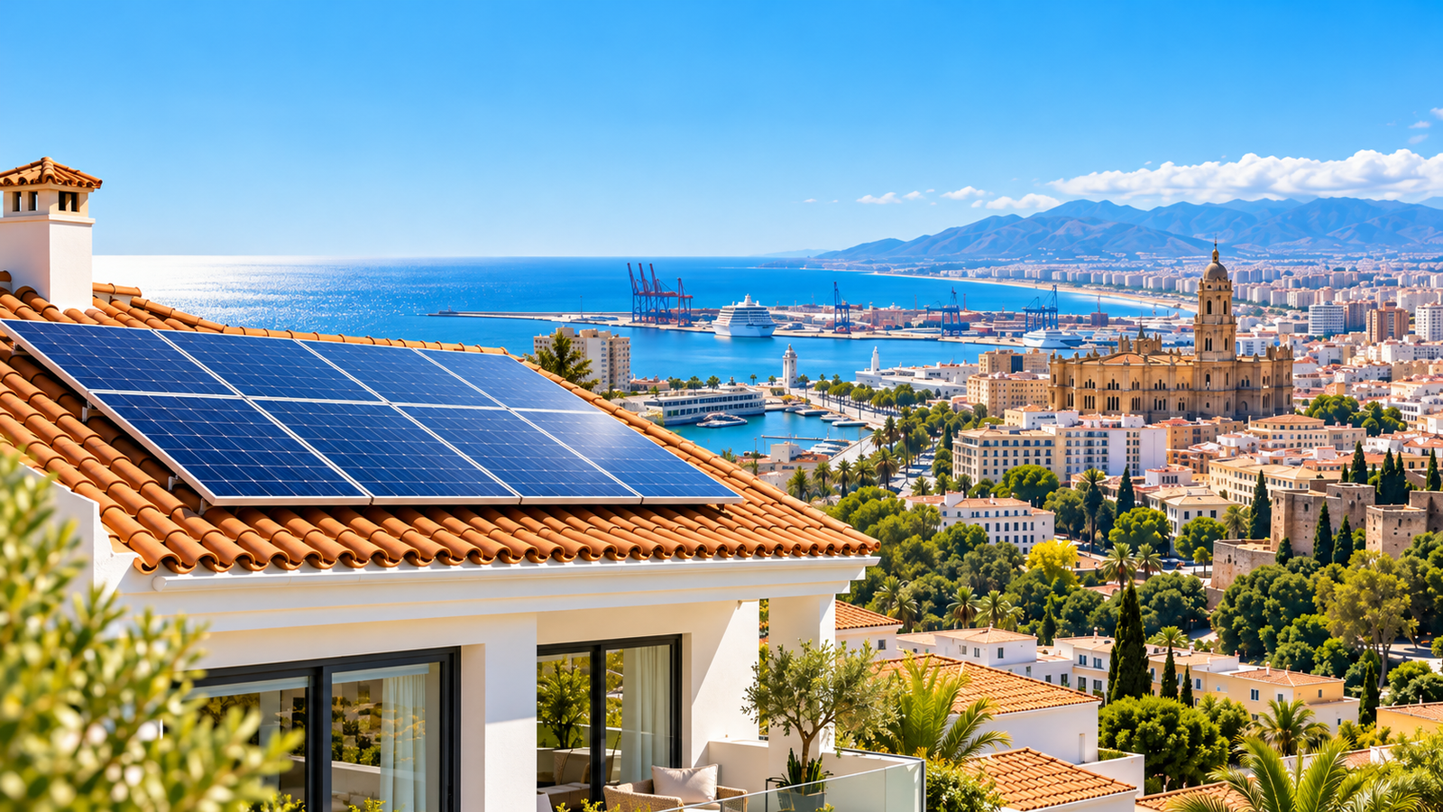 Instalación de placas solares en una vivienda de Málaga con vistas al puerto y la Costa del Sol.