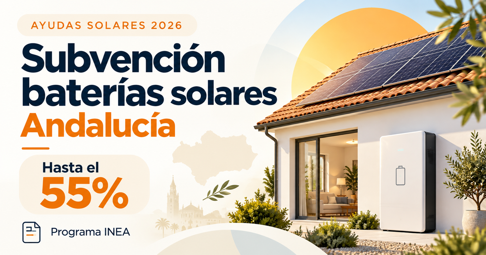 Instalación de placas solares con batería en una vivienda para ilustrar la subvención del 55% en Andalucía en 2026.